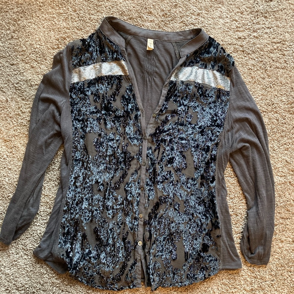 Anthropologie velvet and sequin grey blouse